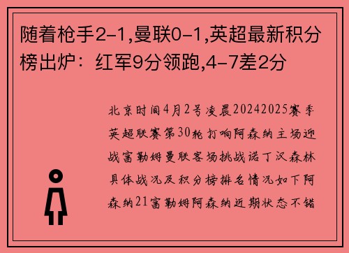 随着枪手2-1,曼联0-1,英超最新积分榜出炉：红军9分领跑,4-7差2分